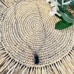 Vintage Sterling Silver 925 Stamped Rectangular Onyx‎ Pendant 18” Necklace